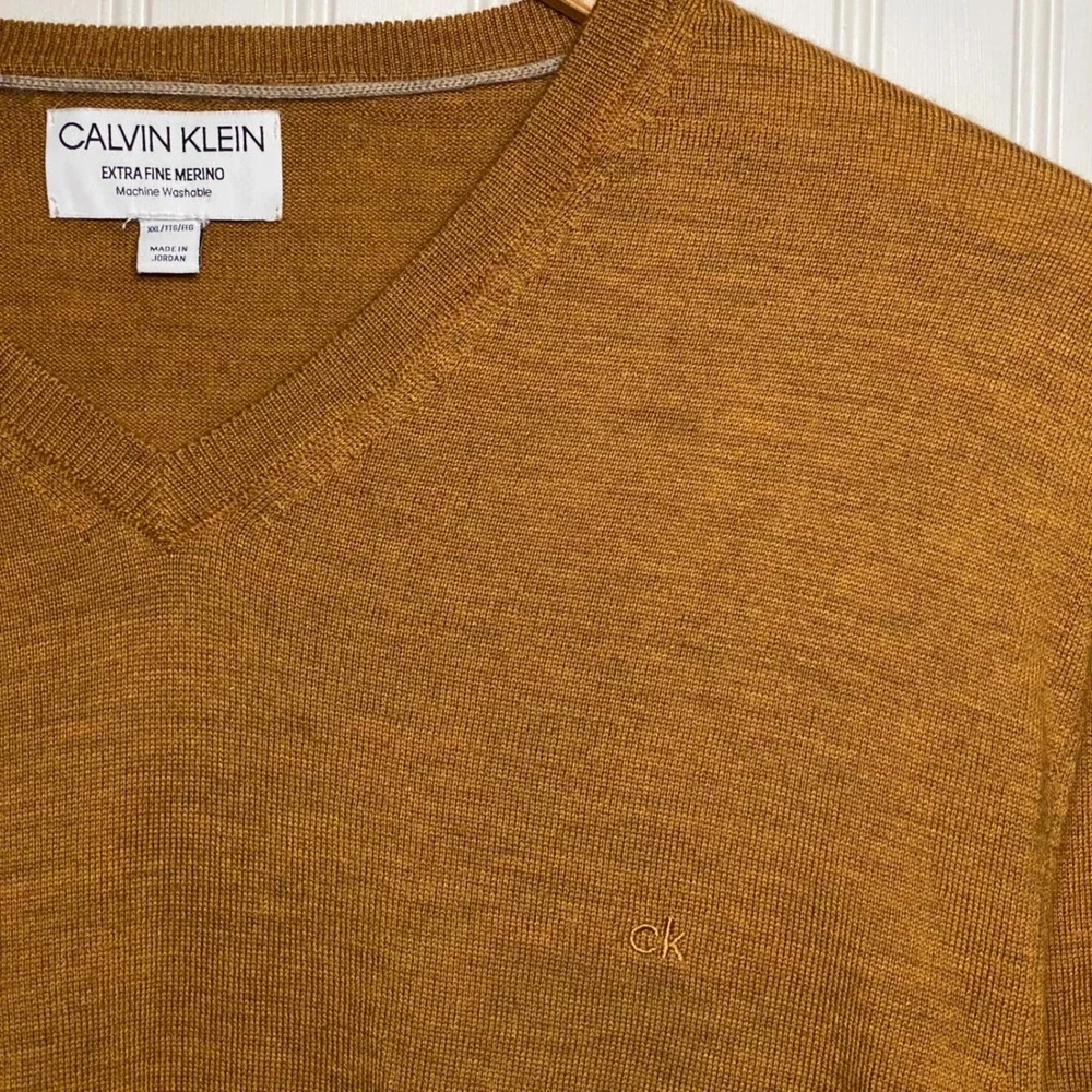 Calvin Klein 2XL Extra Fine Merino Wool Caramel Brown Preppy Minimalist Sweater